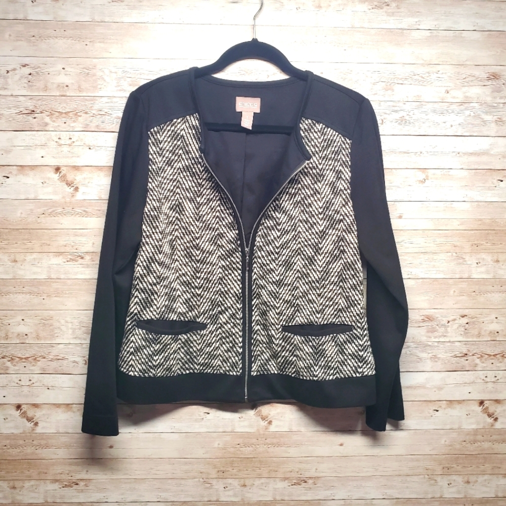 Chicos Lightweight full zip cut out black and white jacket